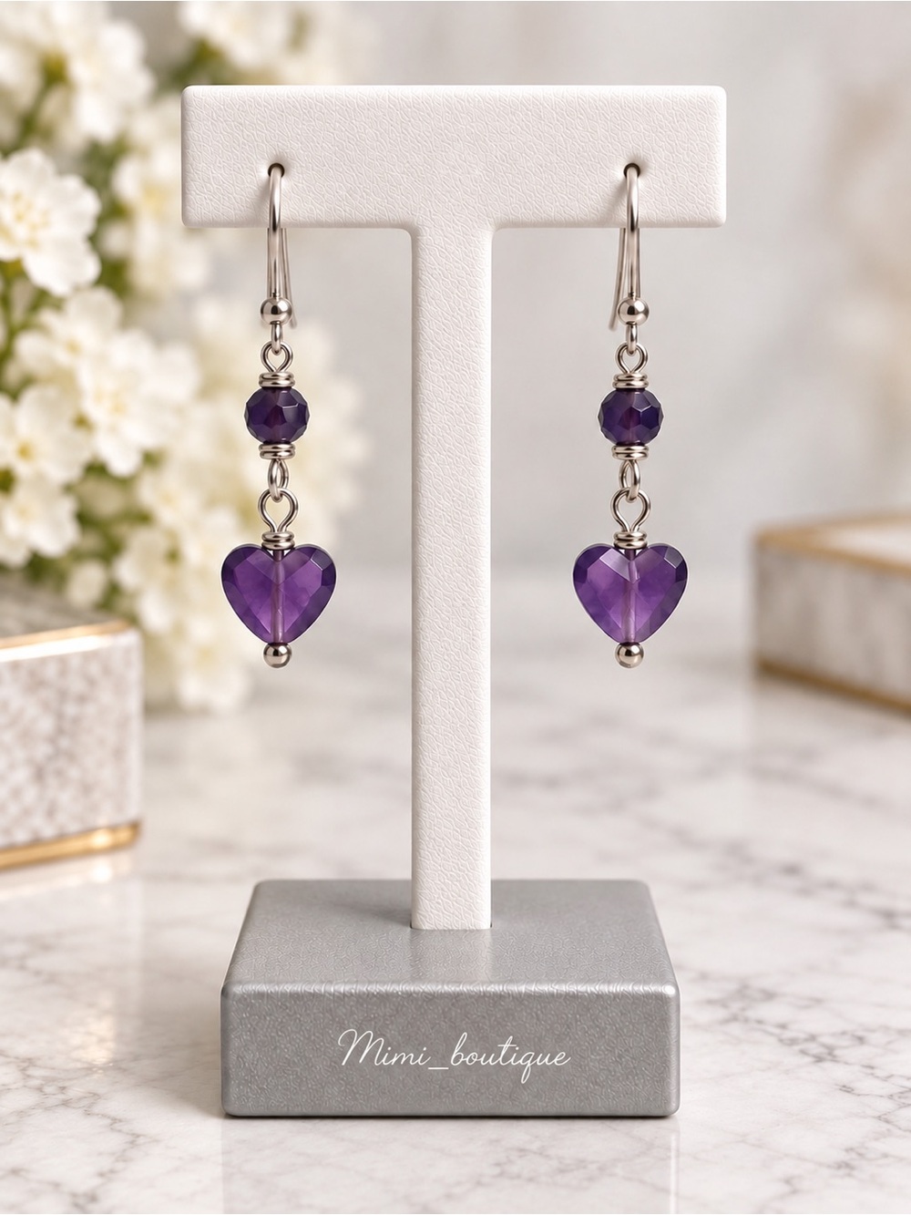 Amethyst Faceted Heart Beaded Dangle Earrings Silver Tone